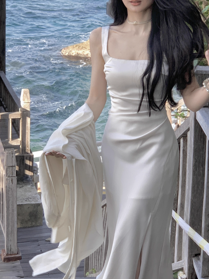 White Suspender Dress Sheath Satin French Long Dress YM2053