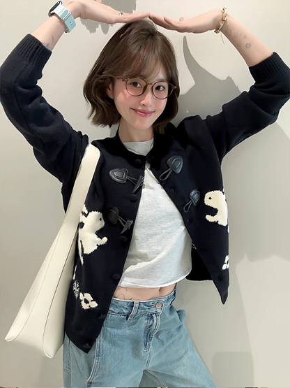 Black Retro Horn Button Rabbit Embroidered Cardigan Sweater YM2403