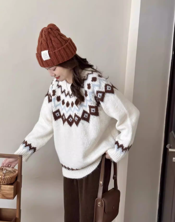 Retro Fair Isle Sweater Thick Pullover Knitwear YM2421
