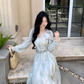 Elegant Blue Tie-Dye Lace V-Neck Long-Sleeve Party Dress Birthday Outfits YM2049