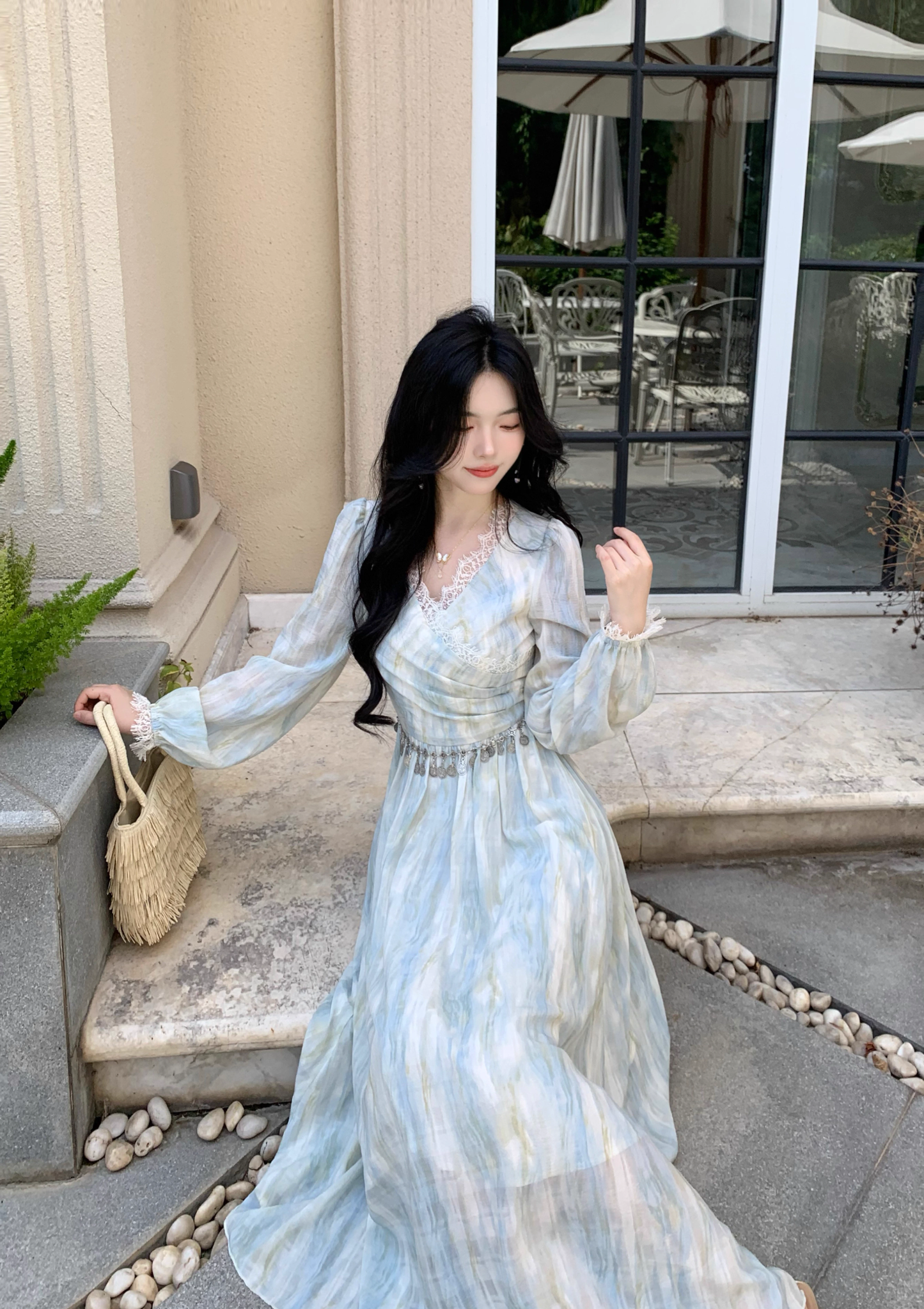 Elegant Blue Tie-Dye Lace V-Neck Long-Sleeve Party Dress Birthday Outfits YM2049