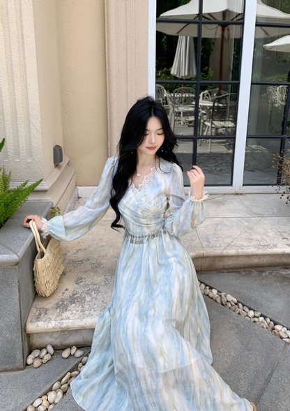 Elegant Blue Tie-Dye Lace V-Neck Long-Sleeve Party Dress Birthday Outfits YM2049