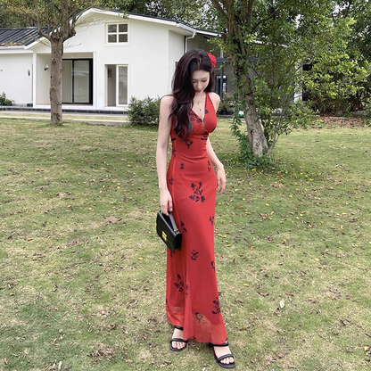 Sexy V Neck Red Print Floral Long Birthday Dress Vacation Dress YM2203