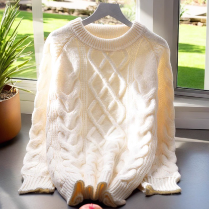 White Thick Cable Pullover Sweater Round Neck Long Sleeve Knitted Sweater YM2380