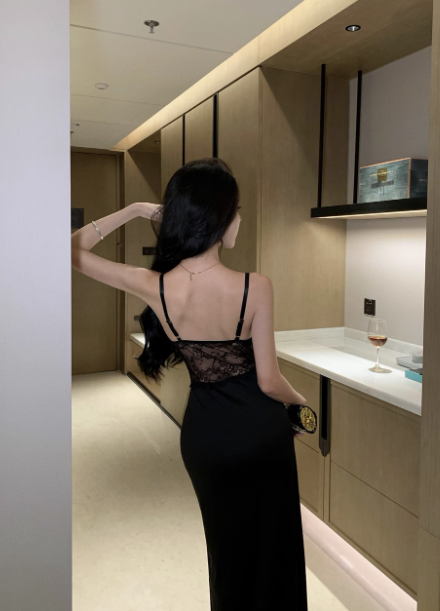 Vintage black lace stitching high slit sexy straps party dress evening dress YM1966