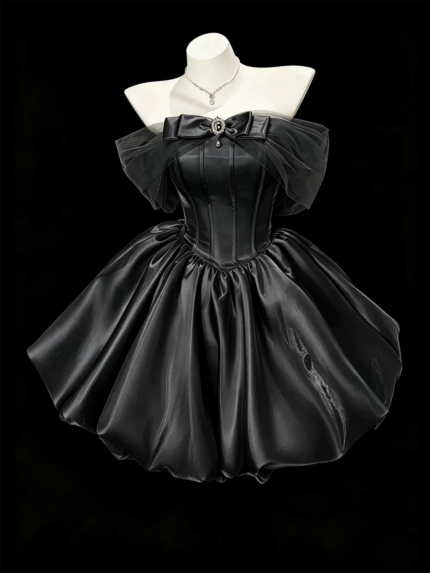 Classy Black Bow Off The Shoulder Satin A Line Short Prom Dress Mini Birthday Dress YM2462