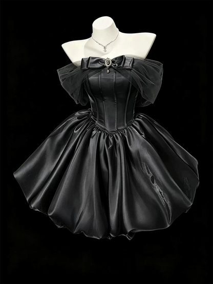 Classy Black Bow Off The Shoulder Satin A Line Short Prom Dress Mini Birthday Dress YM2462
