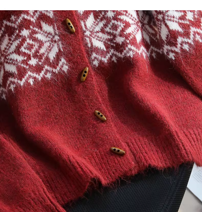 Vintage Fair Isle Jacquard Horn Button Red Sweater Coat YM2444