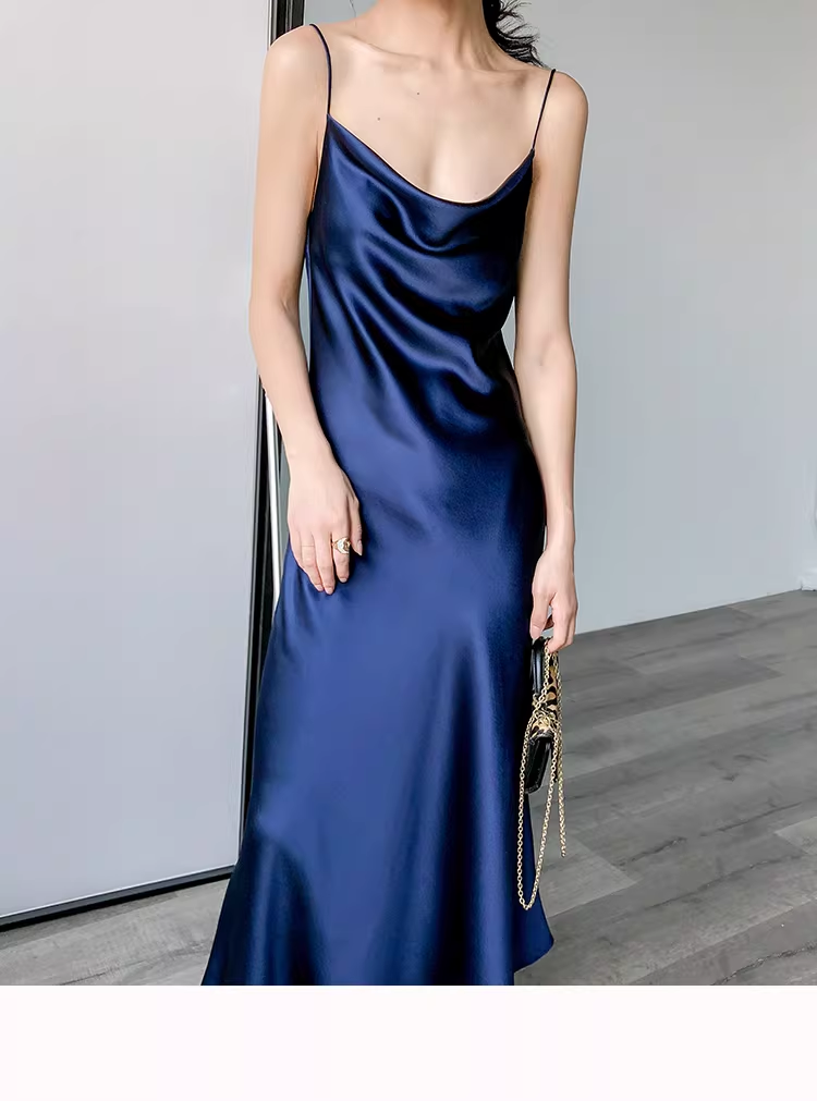 Classy Navy Blue Straps Satin Long Party Dress Birthday Dress YM2435