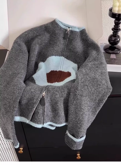 Gray High-end Contrast Color Zipper Knitted Cardigan Soft Waxy Sweater Jacket YM2395