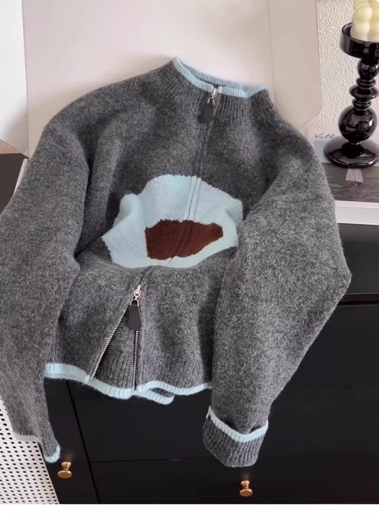 Gray High-end Contrast Color Zipper Knitted Cardigan Soft Waxy Sweater Jacket YM2395