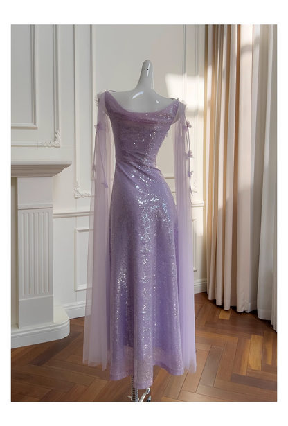 Sparkling Long Spaghetti Straps Purple Sequin Tulle Evening Dress Birthday Party Dress YM2119