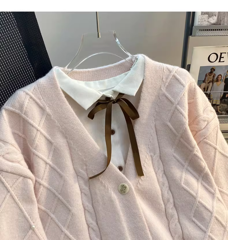 Pink Preppy Style Bow Sweater Cardigan YM2454