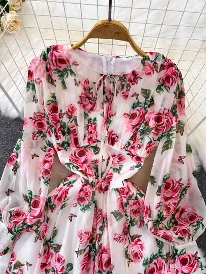 Long-sleeve round neck A-line rose print chiffon maxi dress YM884