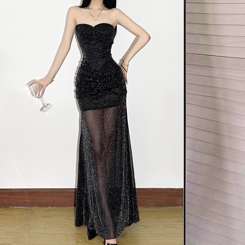 Glitter Black Sweetheart Neck Long Party Dress Vacation Dress YM2201