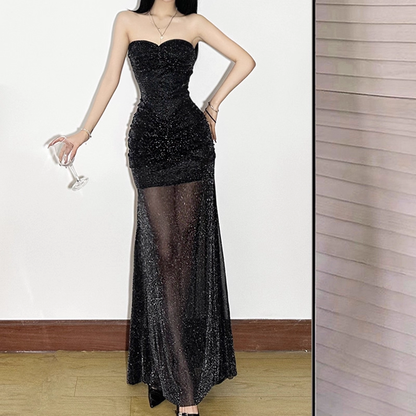 Glitter Black Sweetheart Neck Long Party Dress Vacation Dress YM2201