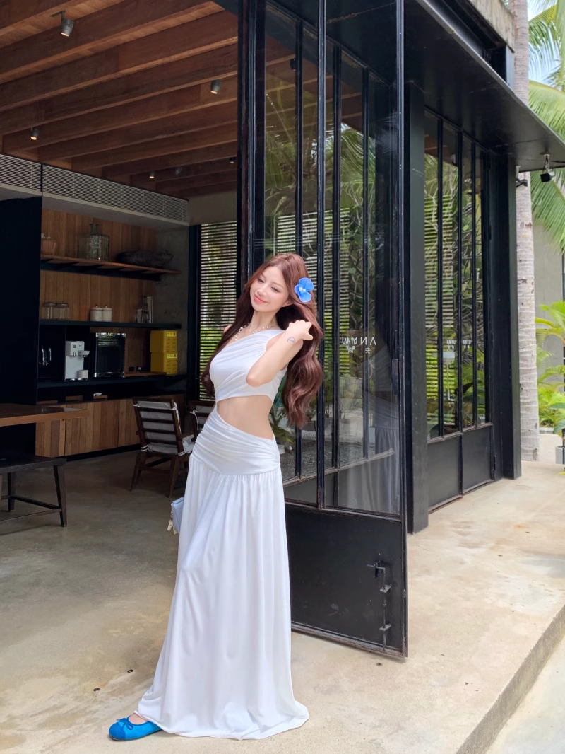 Off-shoulder Sleeveless White With Hollow Slit A-line  Long Holiday Dress Vacation Dress YM2109