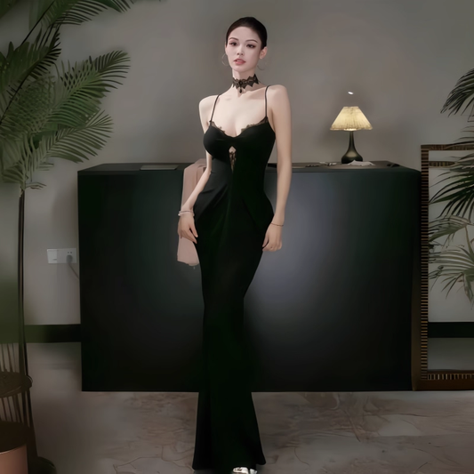 Black V-Neck Suspender Dress Sexy Hollow Lace Sheath Long Holiday Dress YM2256