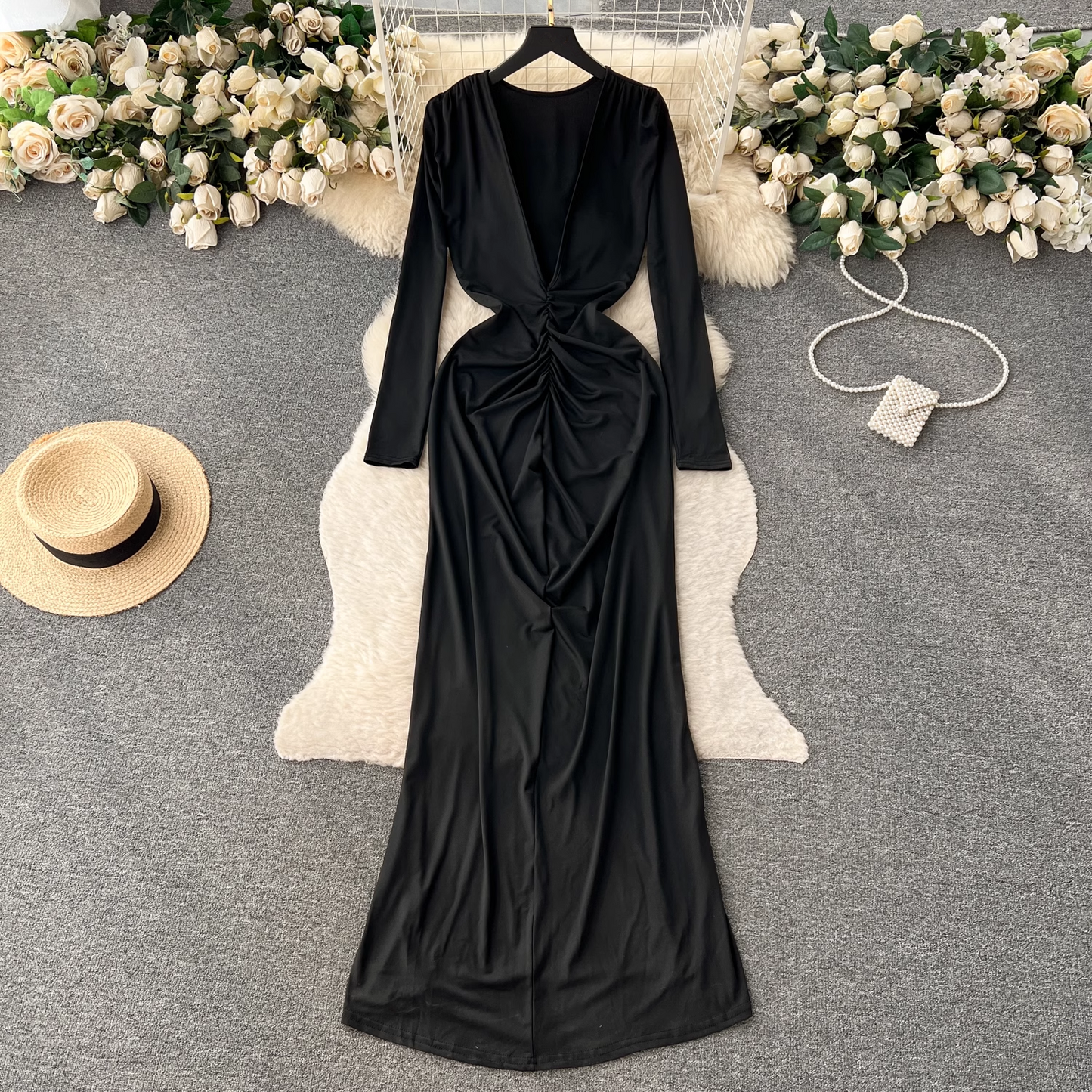 Deep V-neck low-cut  pleated mid-length summer dress  YM443