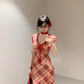 Red Sheath Plaid Hottie Dress,Sexy Backless Long Party Birthday Dress YM1994