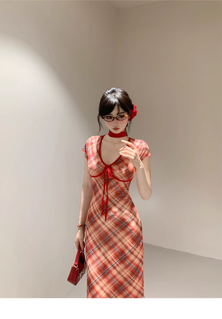 Red Sheath Plaid Hottie Dress,Sexy Backless Long Party Birthday Dress YM1994