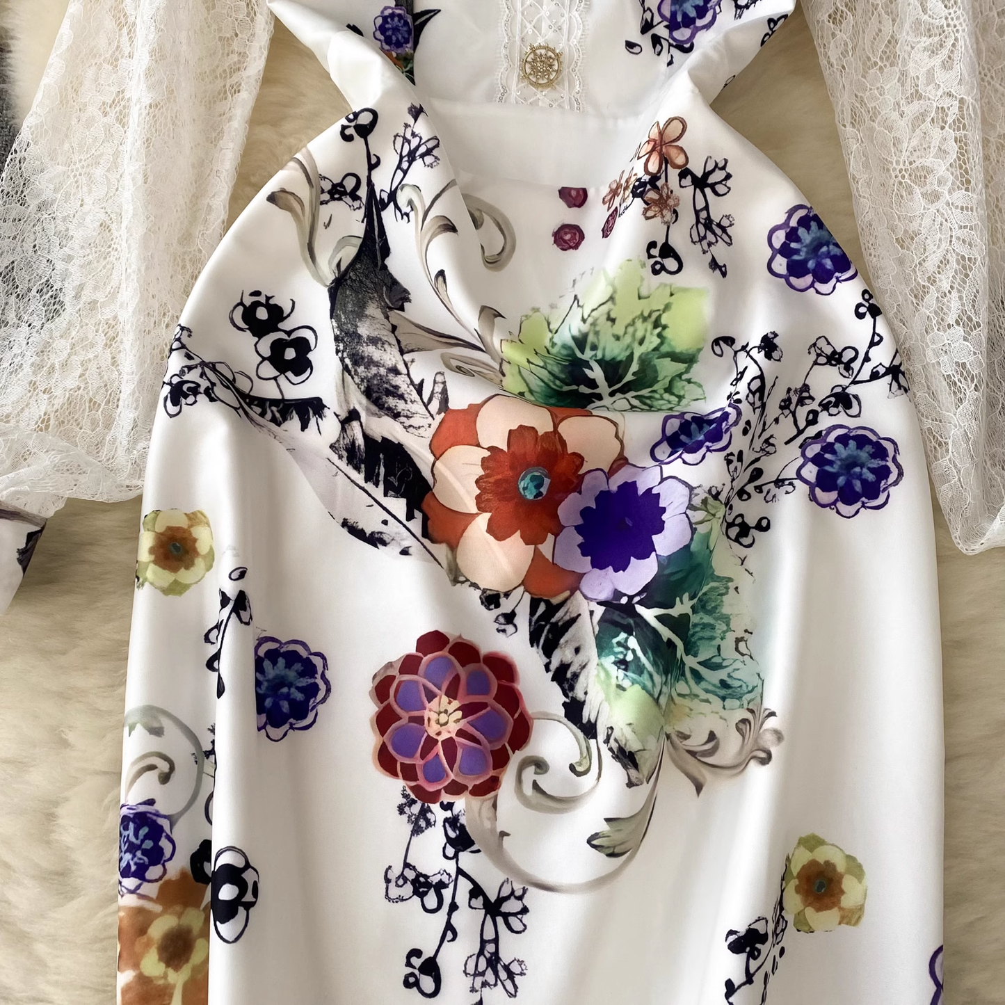 Elegant lace mosaic printed summer dress for women,YM156