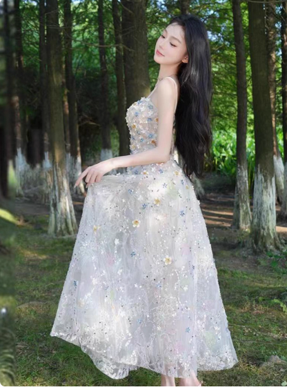 Classy White Tulle Flower A Line Long Birthday Dress Party Dress YM2143
