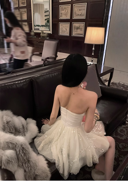 White Strapless Tulle Sequins Party Dress Birthday Outfits YM2005