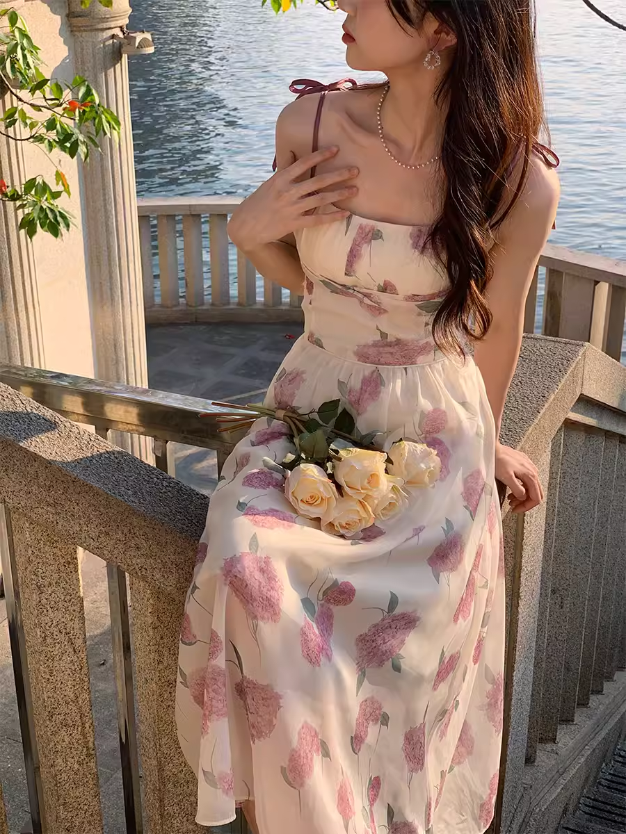 French rose floral suspender skirt for women in summer YM1510