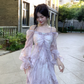 Purple Chiffon Butterfly Gold Foil Ruffle Long Sleeve Party Dress YM2024