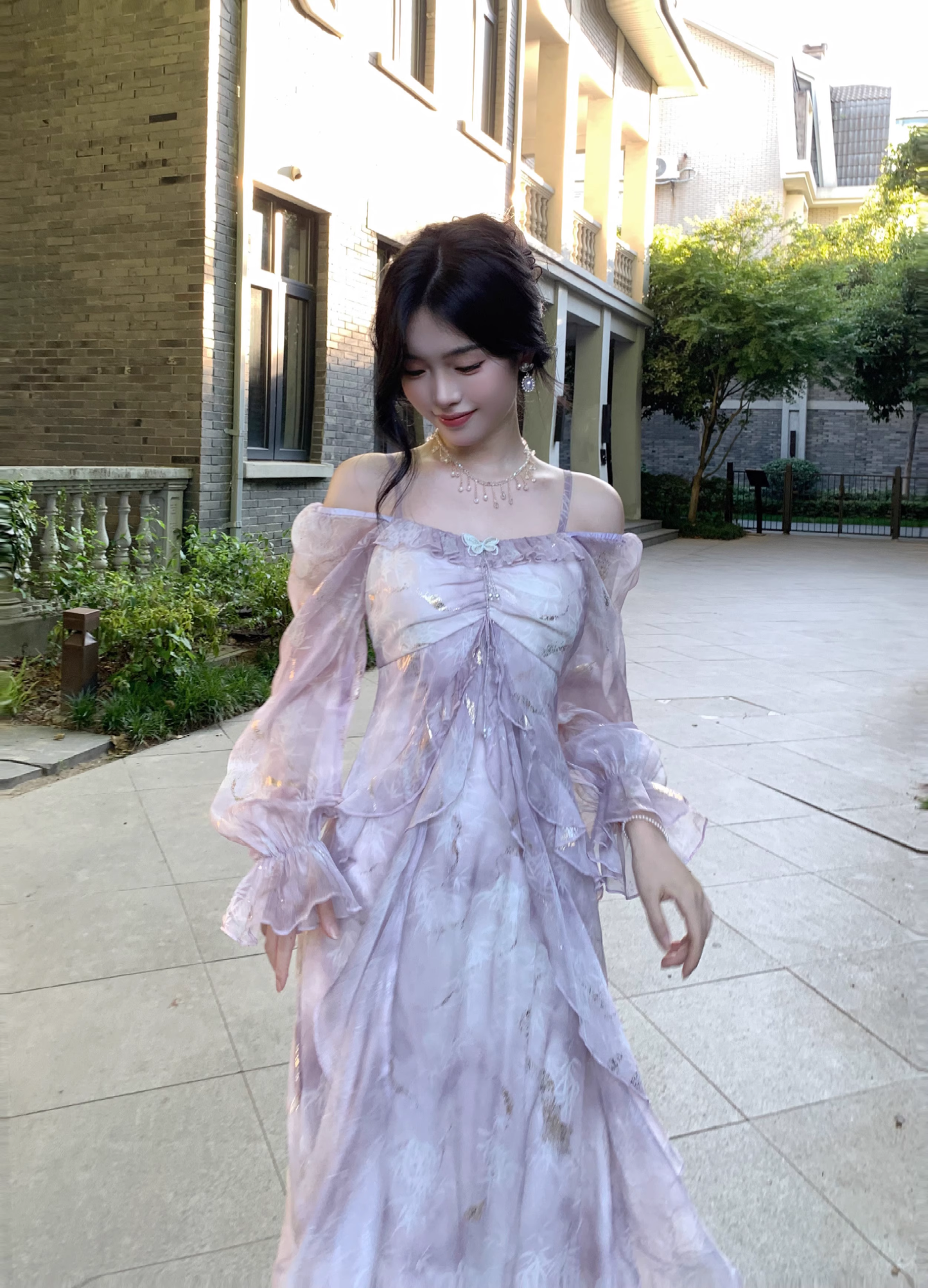 Purple Chiffon Butterfly Gold Foil Ruffle Long Sleeve Party Dress YM2024