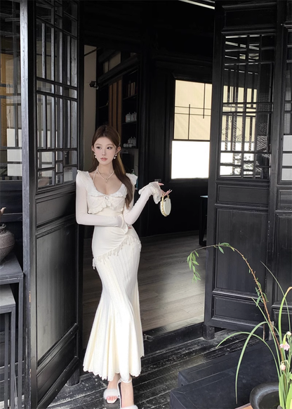 Round neck long sleeve dress women's new style floral lace slim fishtail skirt YM1937