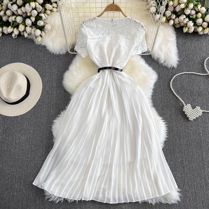Short-sleeved round neck lace stitching waist A-line pleated dress, YM266