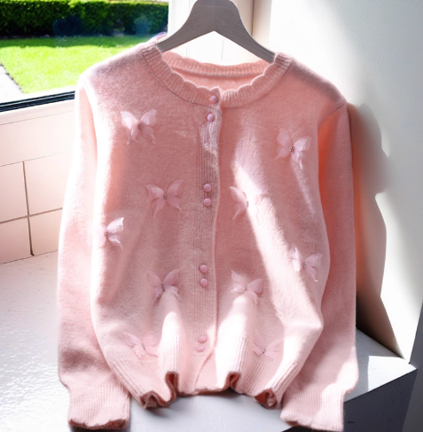 Pink Butterfly Sweater Jacket Sweet Long Sleeve Knitted Cardigan YM2376