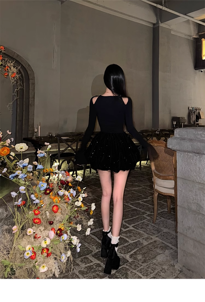 New Style Birthday Date Dress Off-shoulder Long-Sleeved Black Prom Dress YM1978