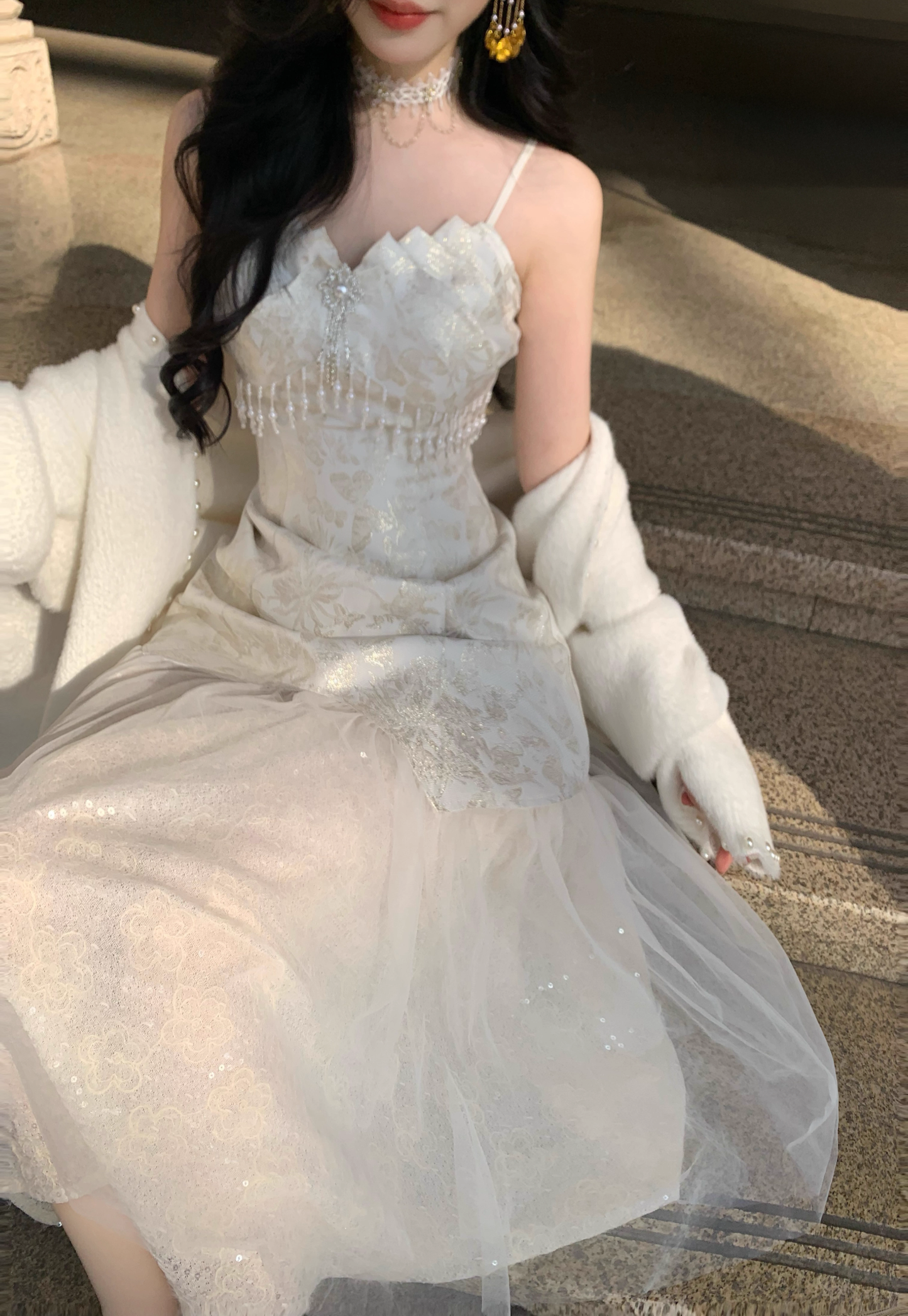 Elegant Spaghetti Straps Jacquard Prom Dress Tulle Satin Party Dress YM2052