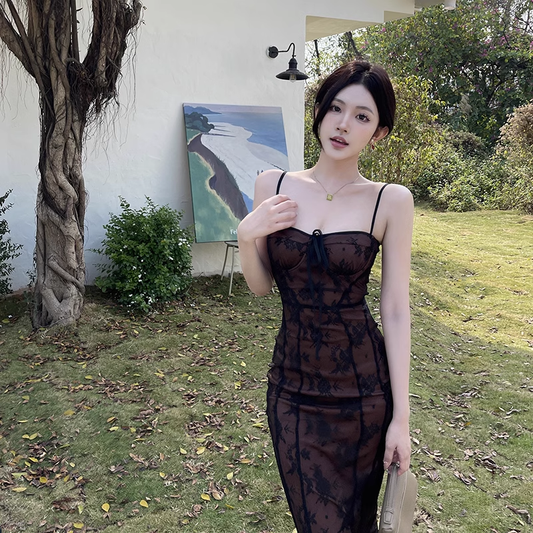 Sexy Black Lace Suspender Holiday Dress Sheath Mermaid Long Birthday Dress YM2258