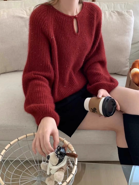 Burgundy sequin loose pullover sleeve sweater YM1899