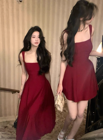 Red U-Neck Suspender Birthday Dress Long A Line Party Dress  YM2055
