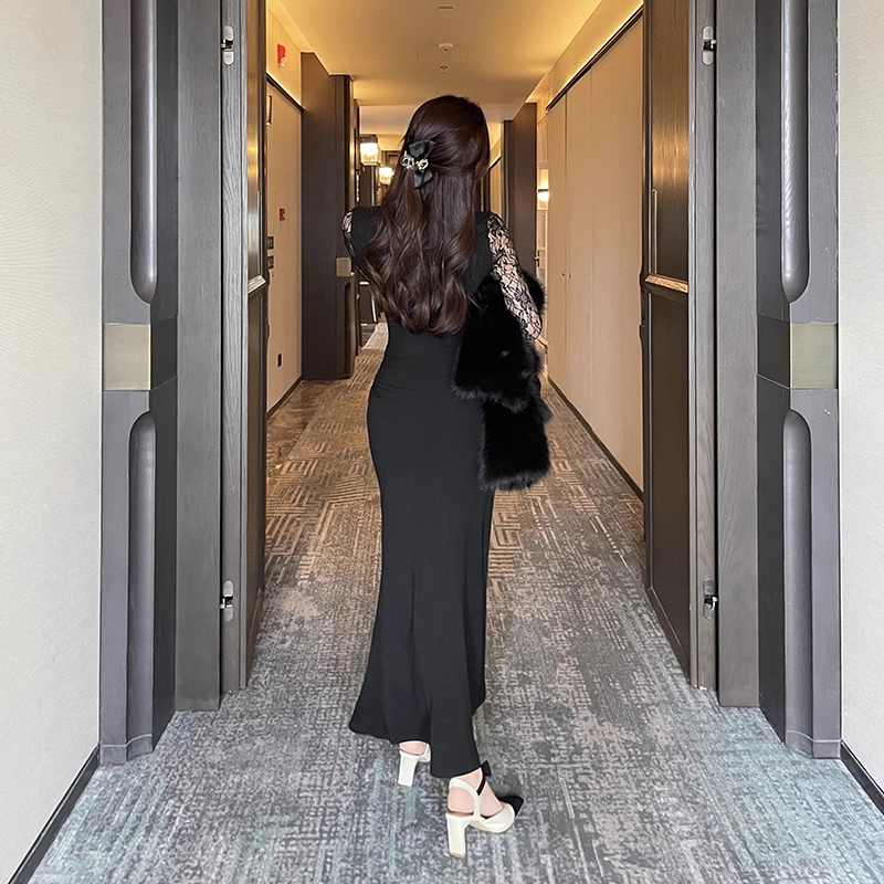Sexy Black Lace Long-Sleeved Sheath Long Party Dress Holiday Dress  YM2260