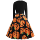 Halloween costume retro women's long-sleeved contrast black and pumpkin print dress YM686