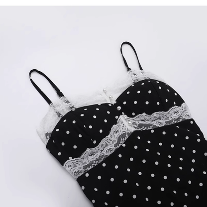 Cute Spaghetti Strap Lace Polka Dot Long Holiday Dress Vacation Dress YM2215
