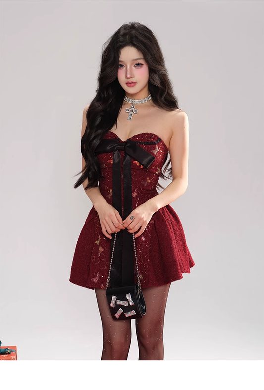 Red Strapless Short Prom Dress Sequins Birthday Pleated Party Dress YM1980