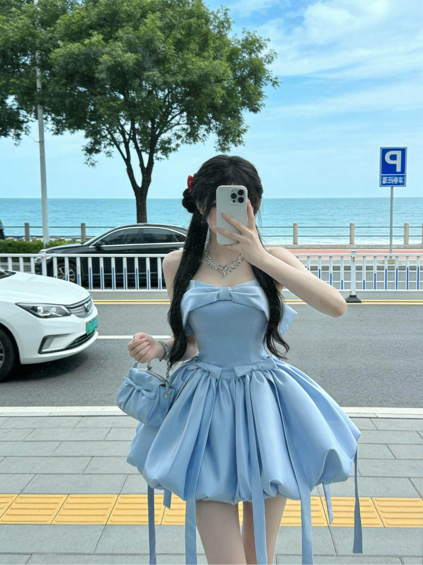 Blue Strapless Short Vacation Dress,Bow A Line Mini Princess Birthday Dress YM2463