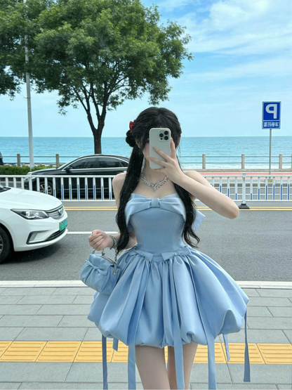 Blue Strapless Short Vacation Dress,Bow A Line Mini Princess Birthday Dress YM2463