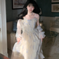 Gentle And Sweet Printed Tulle Stitching Lace Straps Party Dress YM2036