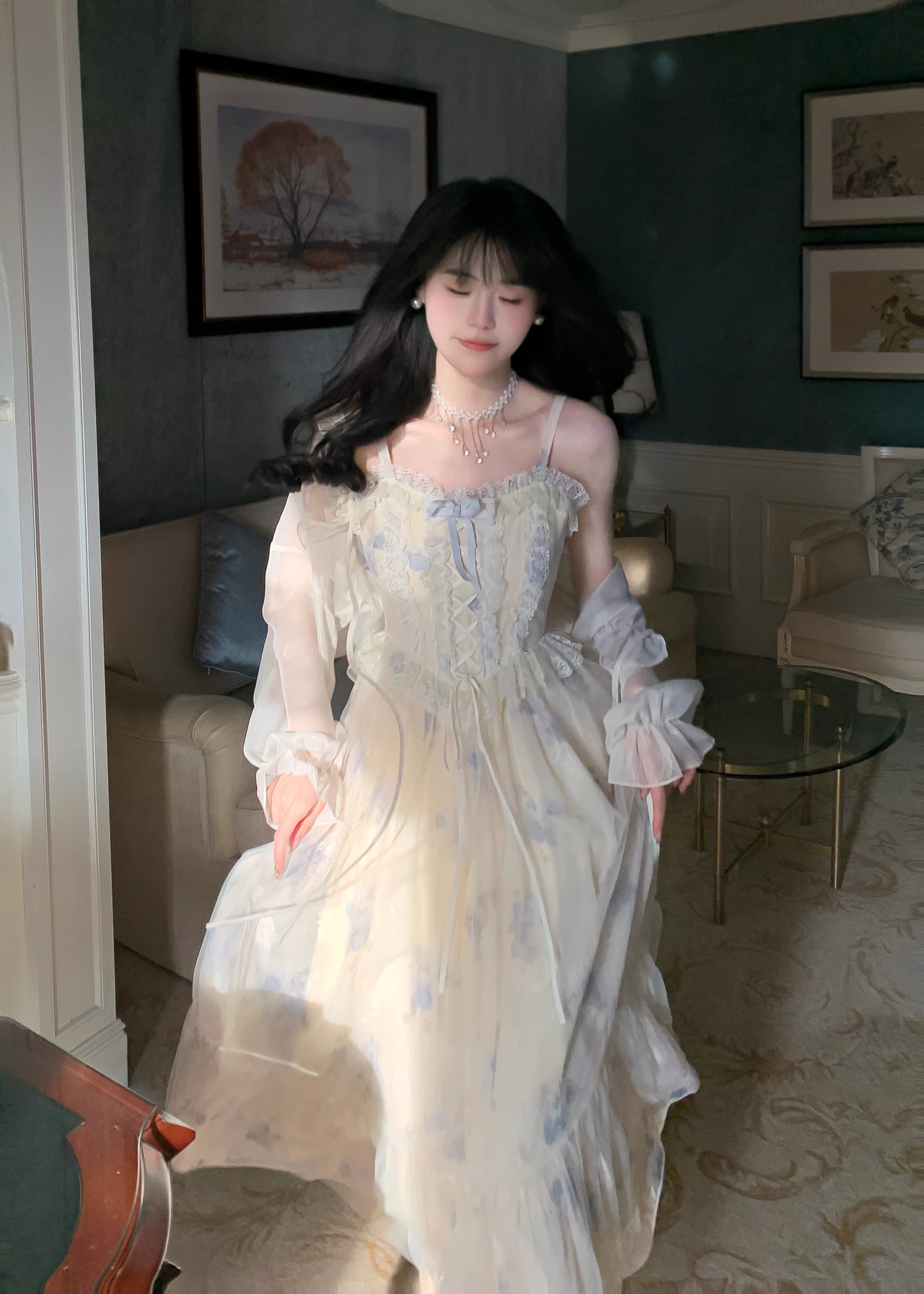 Gentle And Sweet Printed Tulle Stitching Lace Straps Party Dress YM2036