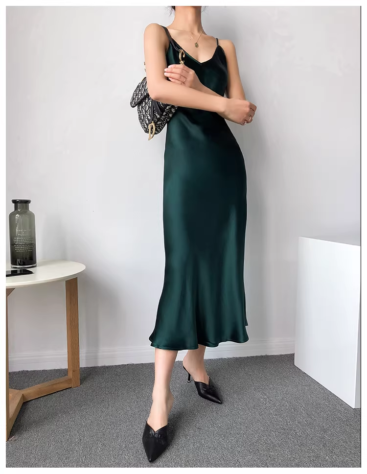 Classy Spaghetti Straps Dark Dreen Satin Mermaid Long Birthday Party Dress Holiday Dress YM2431