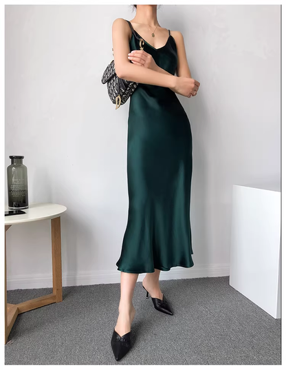 Classy Spaghetti Straps Dark Dreen Satin Mermaid Long Birthday Party Dress Holiday Dress YM2431