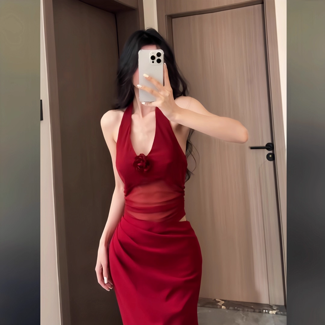 Red Halter Birthday Dress Sexy V Neck Sheath Long Vacation Dress YM2262